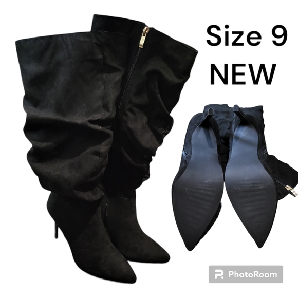 Shoe Dazzle | Shoes | Black Suede High Heeled Point Toe Knee High Boots With Gold Zipper New ...